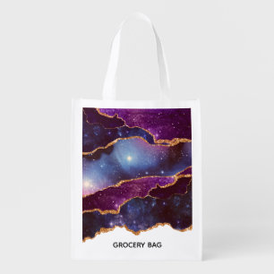 Blue & Purple Space & Stars with Gold Ribbon Grocery Bag