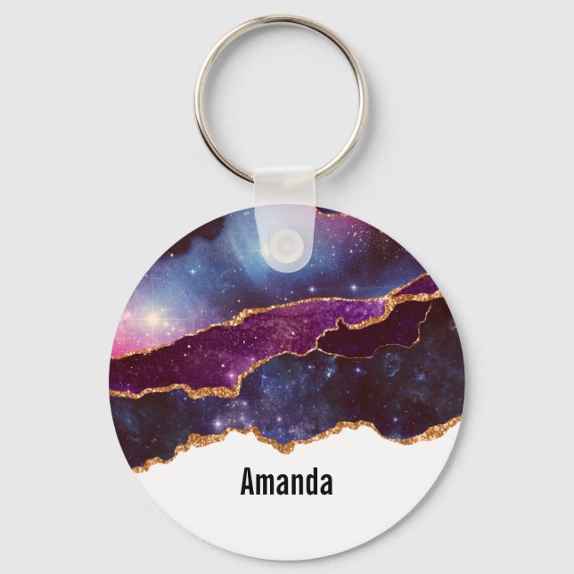 Blue & Purple Space & Stars with Gold Ribbon Keychain (Front)
