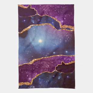Blue & Purple Space & Stars with Gold Ribbon Kitchen Towel