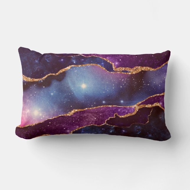 Blue & Purple Space & Stars with Gold Ribbon Lumbar Pillow (Front)