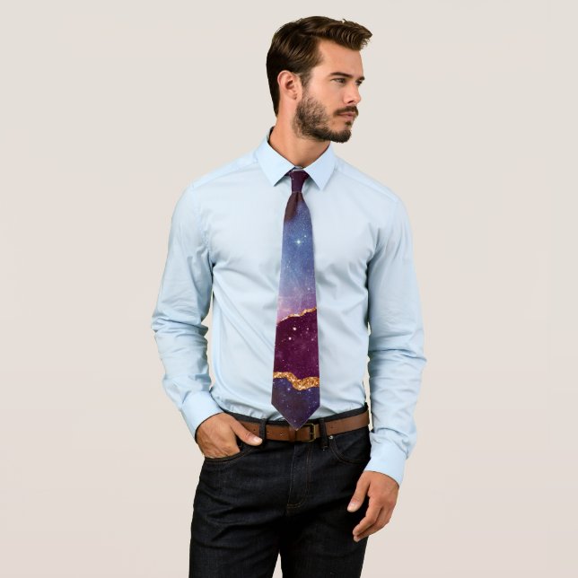 Blue & Purple Space & Stars with Gold Ribbon Neck Tie (In Situ)
