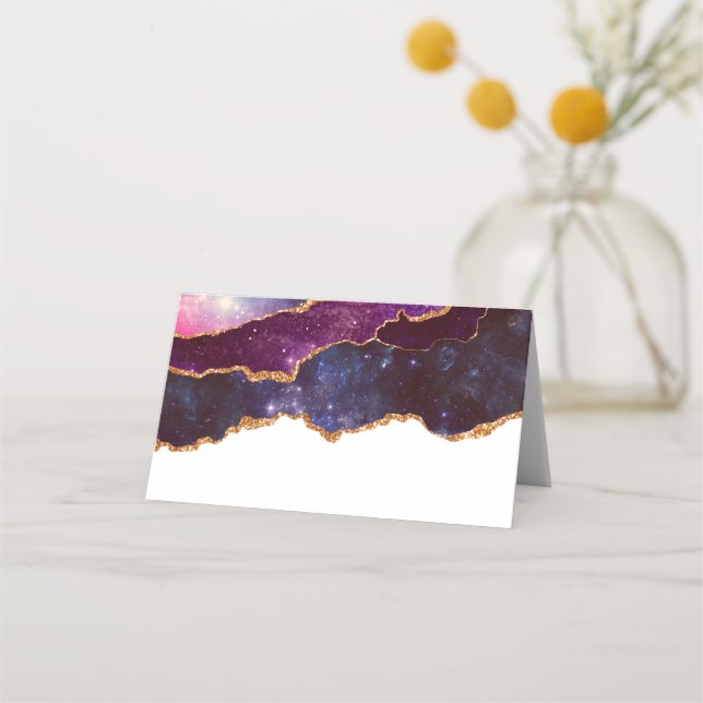 Blue & Purple Space & Stars with Gold Ribbon Place Card (Front)