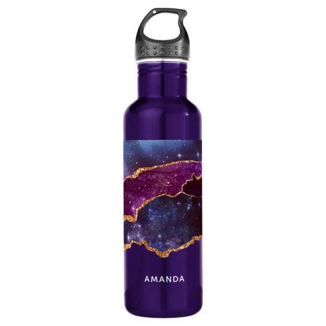 Blue & Purple Space & Stars with Gold Ribbon Stainless Steel Water Bottle (Front)