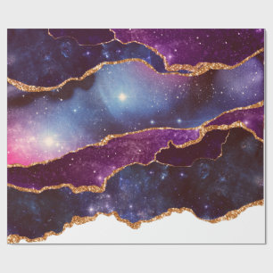Blue & Purple Space & Stars with Gold Ribbon Wrapping Paper