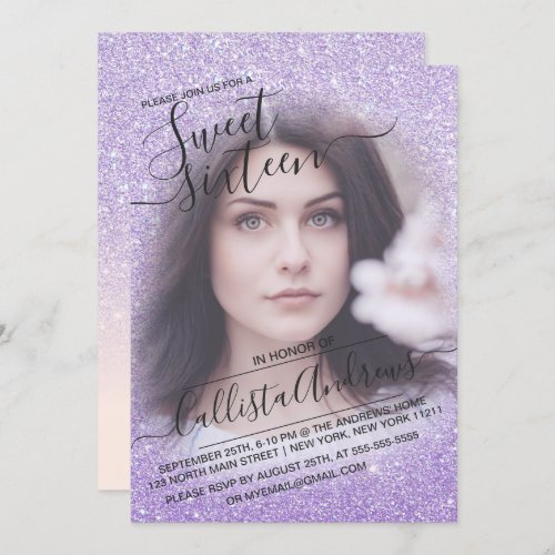 Blue Purple Sparkly Glitter Ombre Photo Sweet 16 Invitation