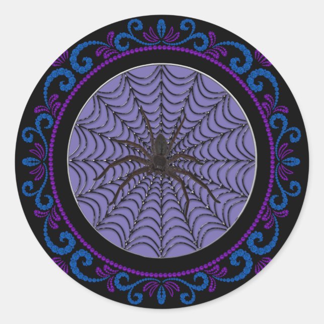 Blue Purple Spider Web And Black Spider Halloween Classic Round Sticker (Front)