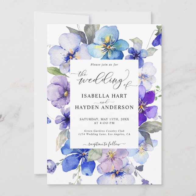 Blue Purple Spring Flower All In 1 QR Code Wedding Invitation (Front)