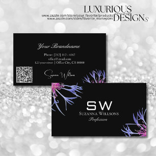 Blue Purple Star Flower Black Monogram and QR Code Business Card