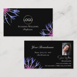Blue Purple Star Flower Black with Logo and Photo Business Card