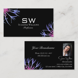 Blue Purple Star Flower Black with Monogram Photo Business Card