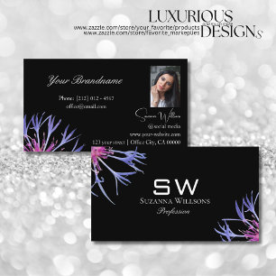 Blue Purple Star Flower Black with Monogram Photo Business Card