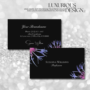 Blue Purple Star Flower on Black Chic Floral Business Card