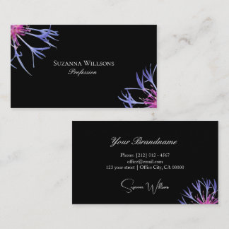 Blue Purple Star Flower on Black Chic Floral Business Card