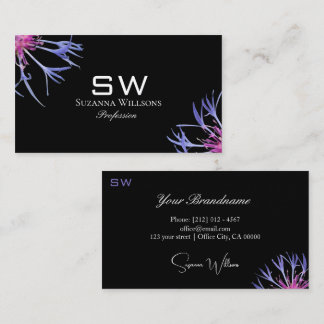 Blue Purple Star Flower on Black with Monogram Business Card