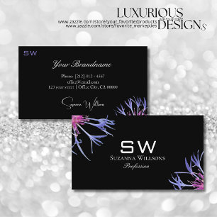 Blue Purple Star Flower on Black with Monogram Business Card