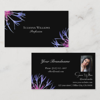Blue Purple Star Flower on Black with Photo Business Card