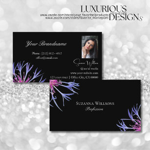 Blue Purple Star Flower on Black with Photo Business Card