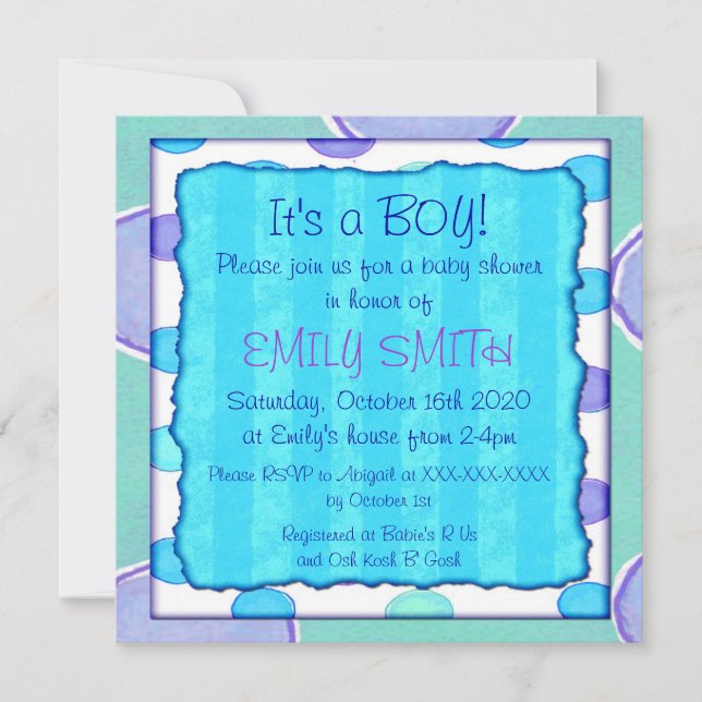Blue purple stripe dot baby shower invitations (Front)