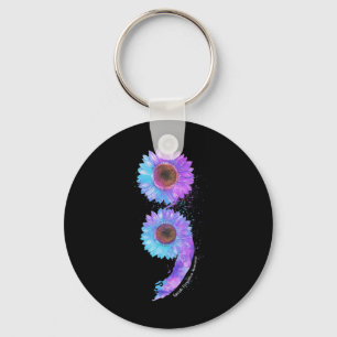 Blue Purple Sunflower Semicolon Suicide Prevention Keychain