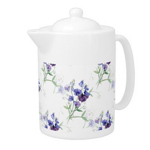 Blue Purple Sweet Pea Garden Flower Pattern Teapot