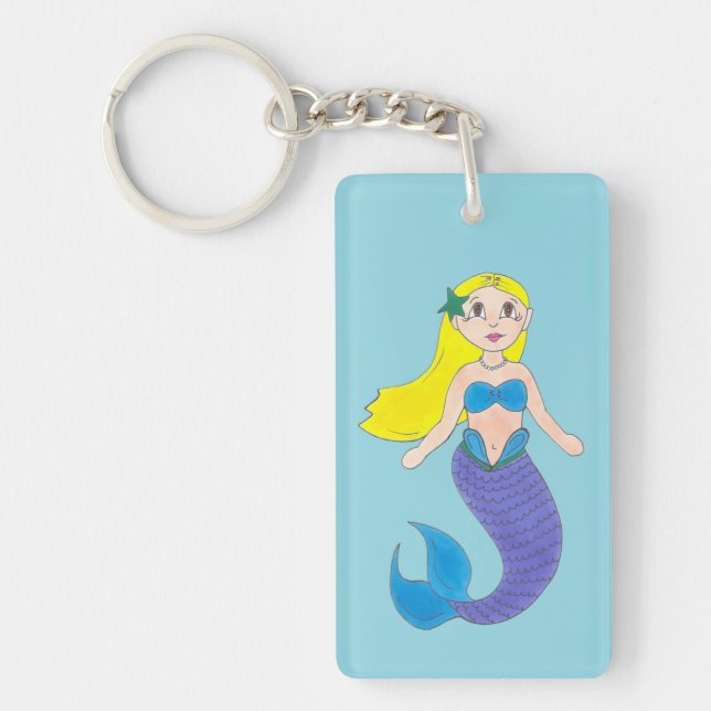 Blue Purple Swimming Ocean Mermaid Personalized Keychain (Front)