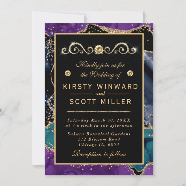 Blue Purple Teal Gold Glitter Agate Wedding Invitation (Front)