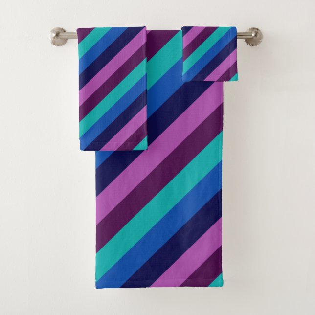Blue Purple Teal Stripes Bath Towel Set (Insitu)