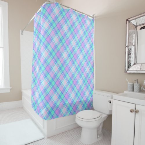 Blue Purple Turquoise and Pink Plaid Pattern Shower Curtain