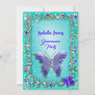 blue purple turquoise sparkling jewels Butterflies Invitation