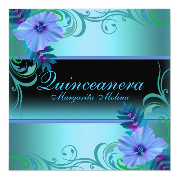 Blue & Purple Vibrant Flower Quinceanera Invite