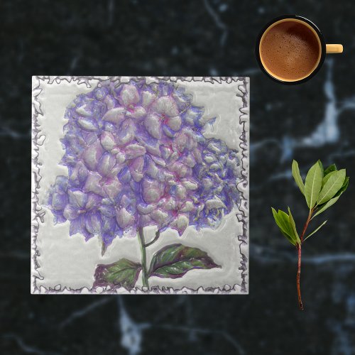 Blue Purple Vintage Botanical Faux 3D Ceramic Tile