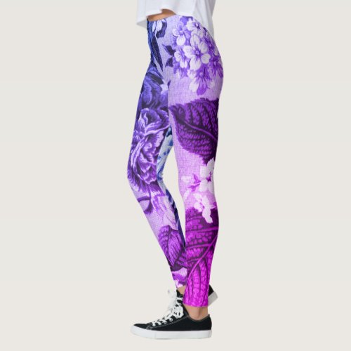 Blue  Purple Vintage Botanical Floral Toile No1 Leggings