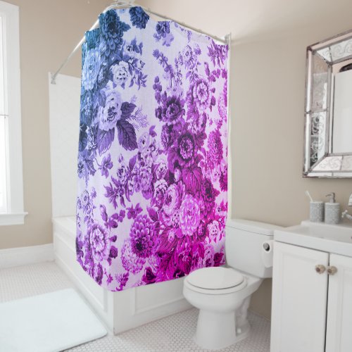 Blue  Purple Vintage Floral Toile No3 Shower Curtain