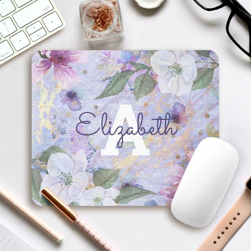 Blue purple vintage floral watercolor monogram mouse pad