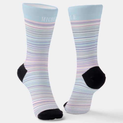 Blue Purple Vintage Pastel Striped Custom Name  Socks