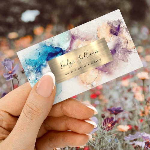 Blue Purple Watercolor and Gold Foil Business Card