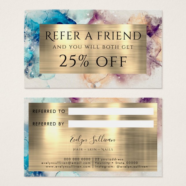 Blue Purple Watercolor and Gold Foil Referral Card (Front & Back)