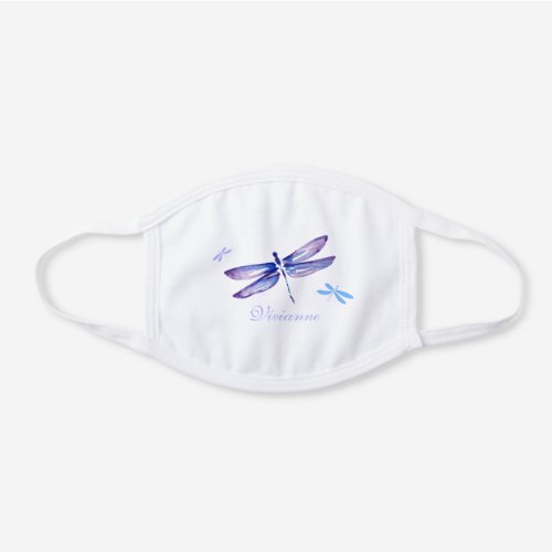 Blue Purple Watercolor Dragonfly Monogram Name White Cotton Face Mask