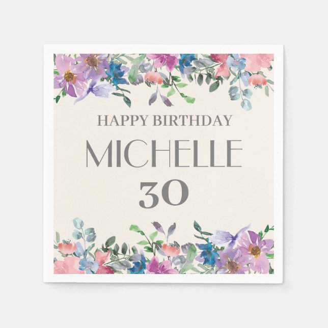 Blue Purple Watercolor Floral 30th Birthday Women Napkins (Front)