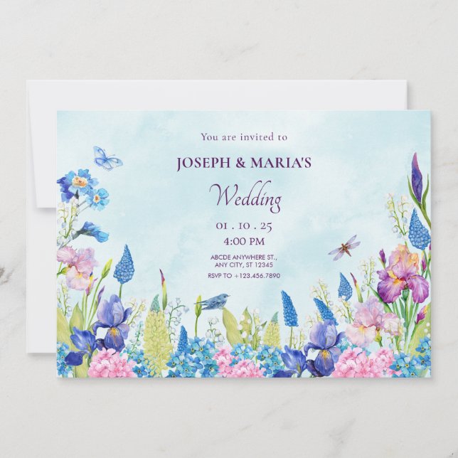 Blue purple watercolor floral aesthetic Wedding Invitation (Front)