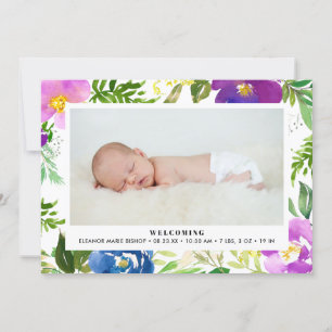 Blue & Purple Watercolor Floral Birth Announcement