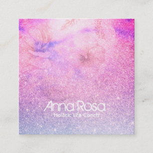 *~* Blue Purple  Watercolor Floral Glitter Pink Square Business Card