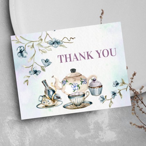 Blue purple watercolor floral tea party thank you postcard
