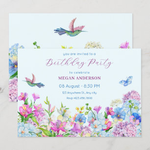 Blue Purple Watercolor Flower bloom birthday Invitation