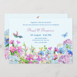 Blue Purple Watercolor Flower bloom wedding Invitation