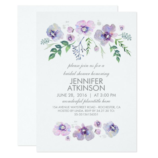 Blue Purple Watercolor Flowers Bridal Shower Invitation