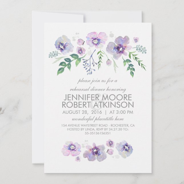 Blue Purple Watercolor Flowers Rehearsal Dinner Invitation (Front)