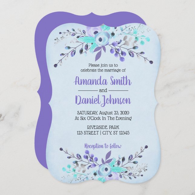 Blue & Purple Watercolor Flowers Roses Invitation (Front/Back)