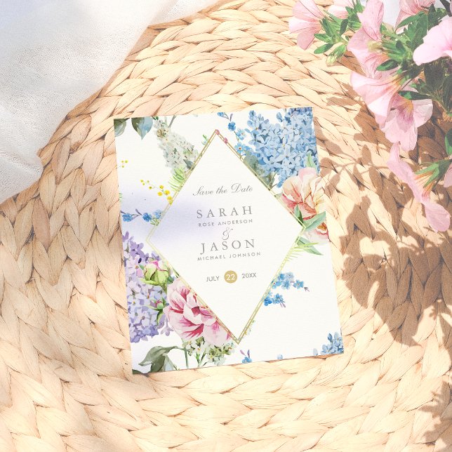 Blue & Purple Watercolor Flowers | Save The Date Announcement Postcard (Creator Uploaded)