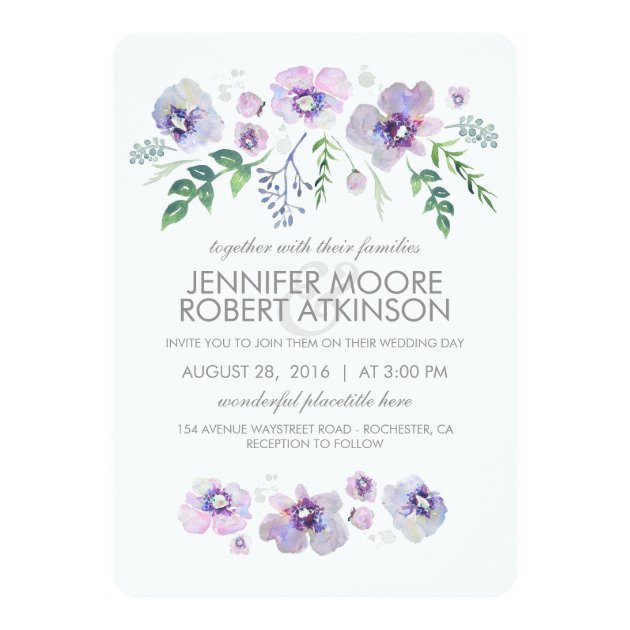 Blue Purple Watercolor Flowers Wedding Invitation